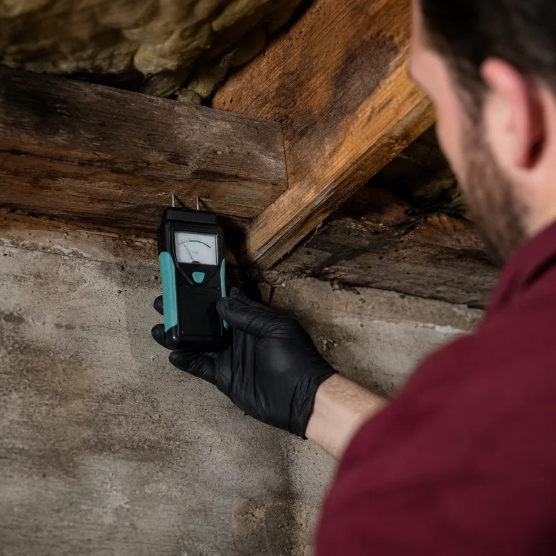 Moisture meter reading being taken on a basement joist and subfloor near a damp corner