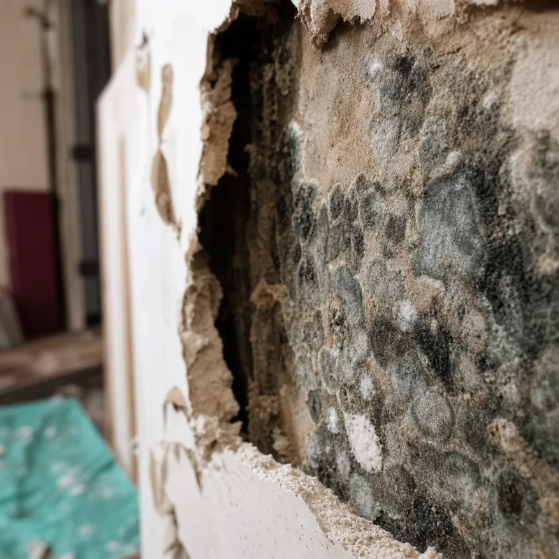 Mold growth visible on the back of removed drywall from a hidden wall cavity