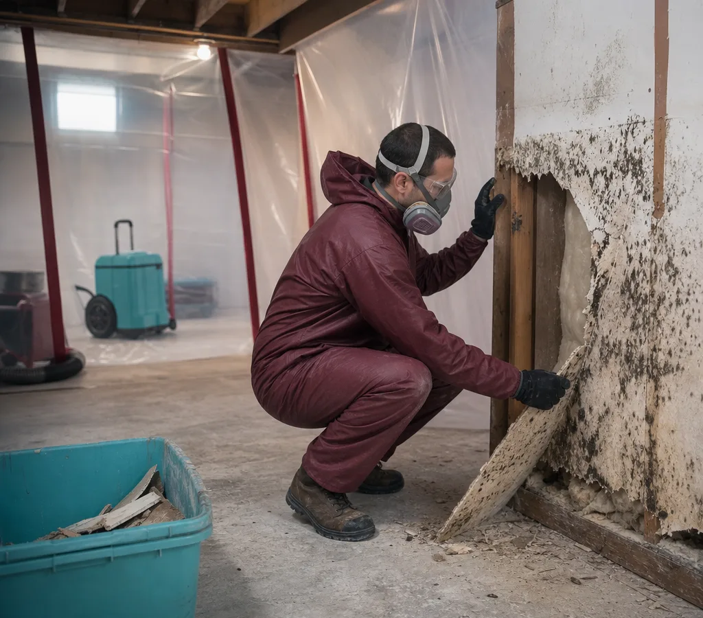 Contractor in protective gear removing mold-damaged drywall in a contained Pittsburgh residential basement