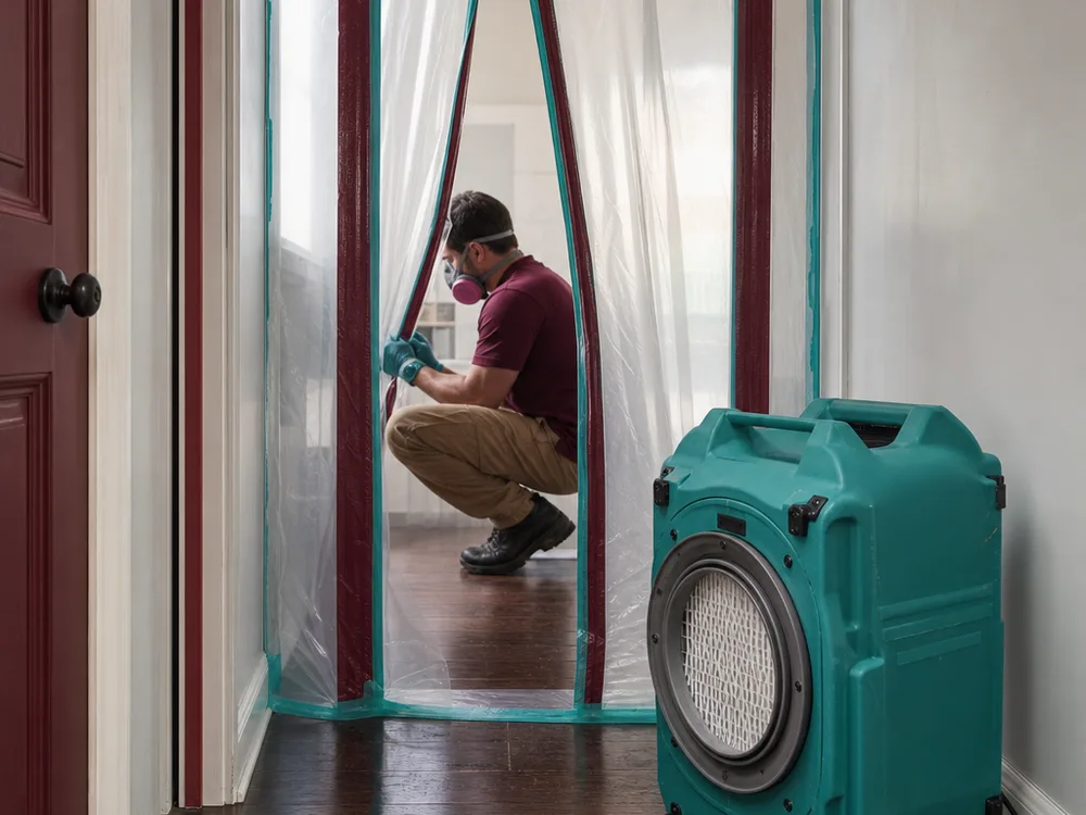 Containment sheeting and HEPA air scrubber in a residential hallway leading to a mold work area