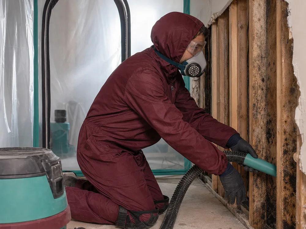Contractor sealing a doorway with plastic sheeting while a HEPA air scrubber runs in the next room