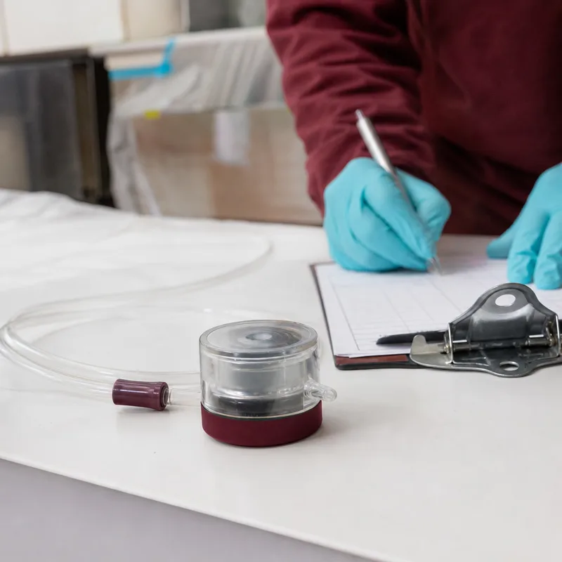 Moisture meter being used on a baseboard and lower drywall near an exterior wall in a basement room