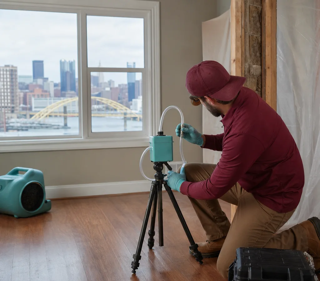 Contractor preparing indoor air sampling equipment in a residential room near vents and potential moisture areas