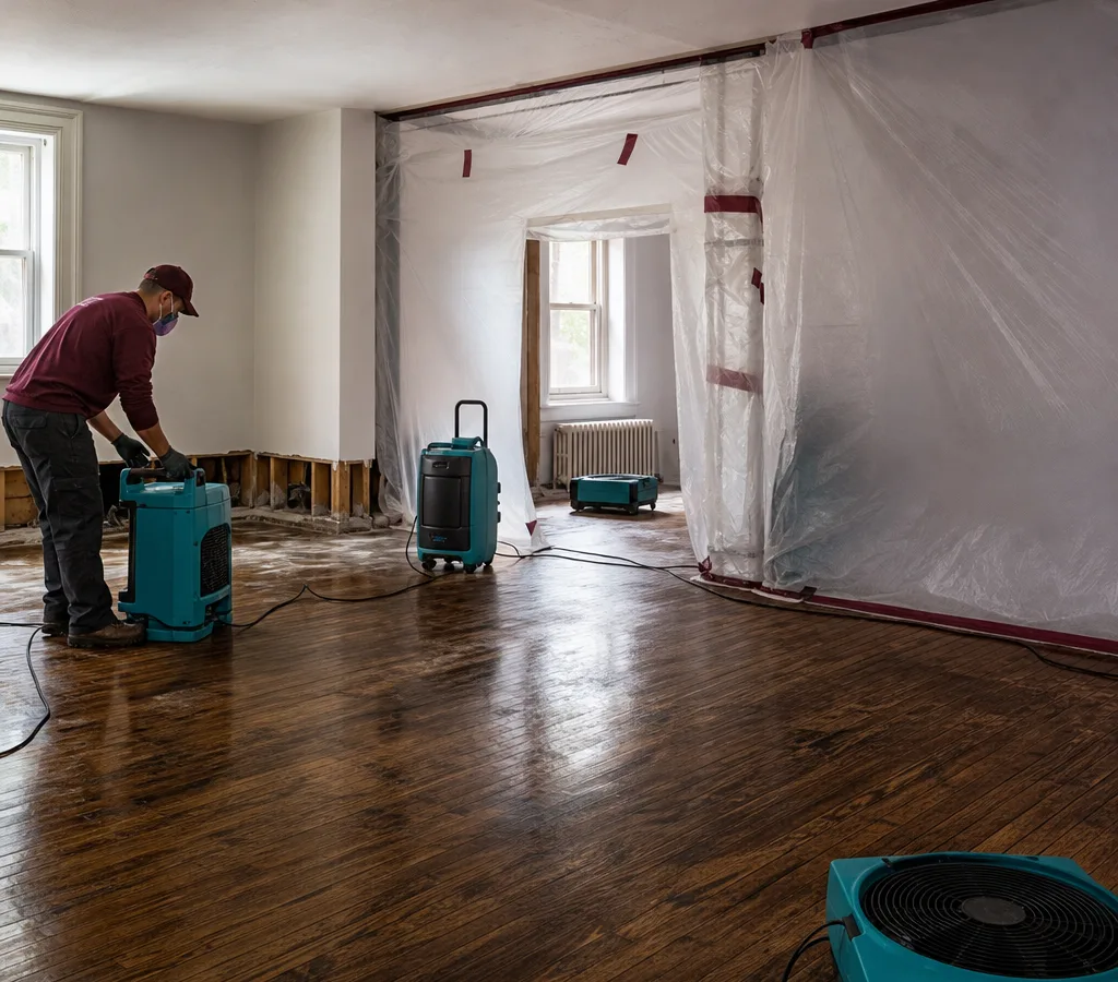Water-damaged room with protective containment and industrial drying equipment