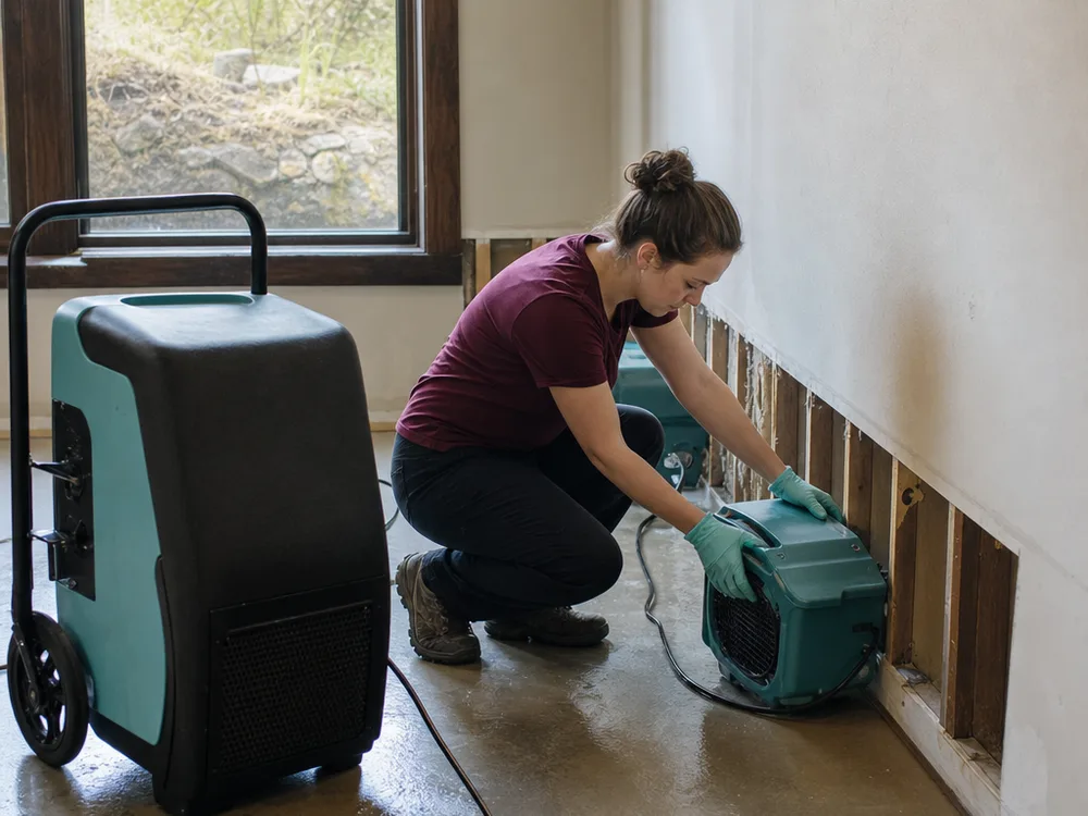 Air movers and a dehumidifier arranged safely along the baseboards of a wet room