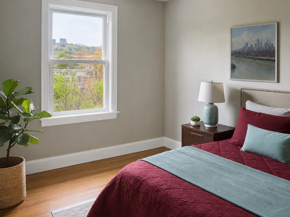 Clean repaired room with repainted walls and newly installed baseboards after restoration