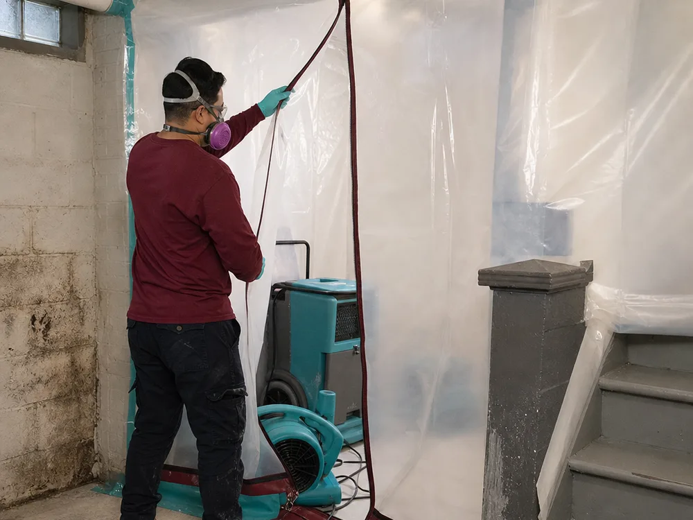Plastic containment barrier with zip entry set up in a basement room while drying equipment runs inside