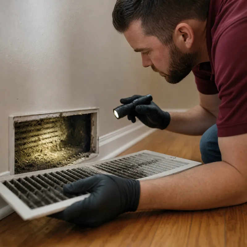 Moisture meter pressed against a baseboard and lower drywall in a finished basement