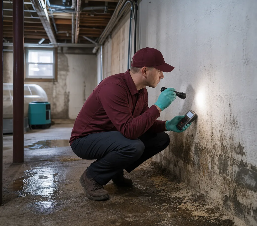 Contractor performing an indoor mold assessment near a window using a flashlight and moisture meter