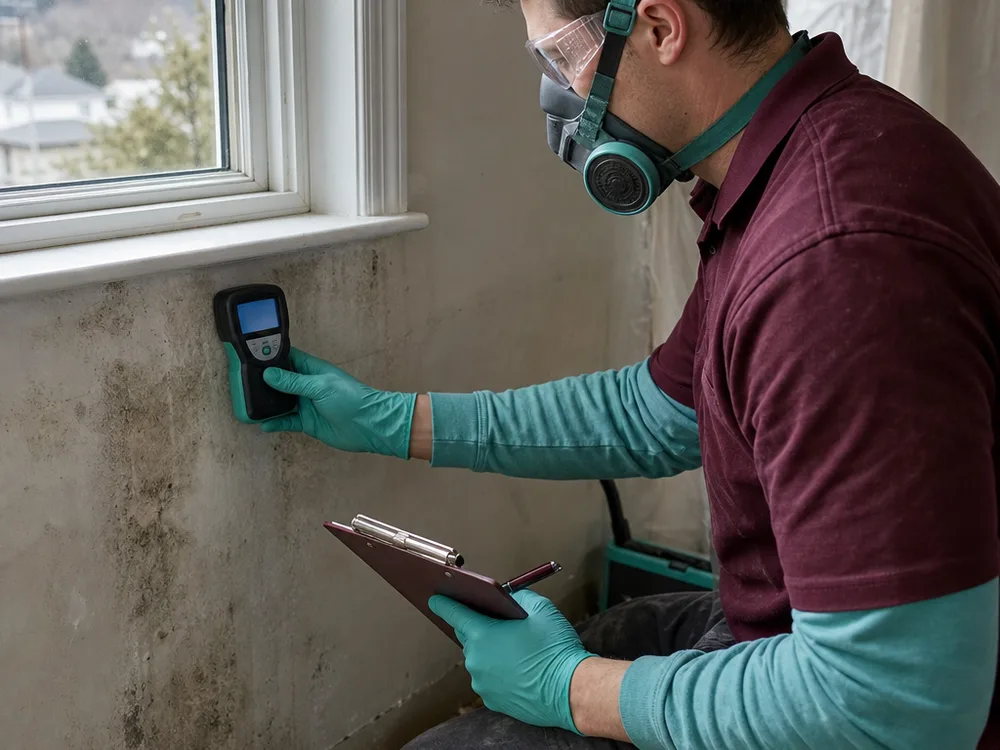 Contractor taking moisture readings on drywall near a baseboard and documenting the results on a clipboard
