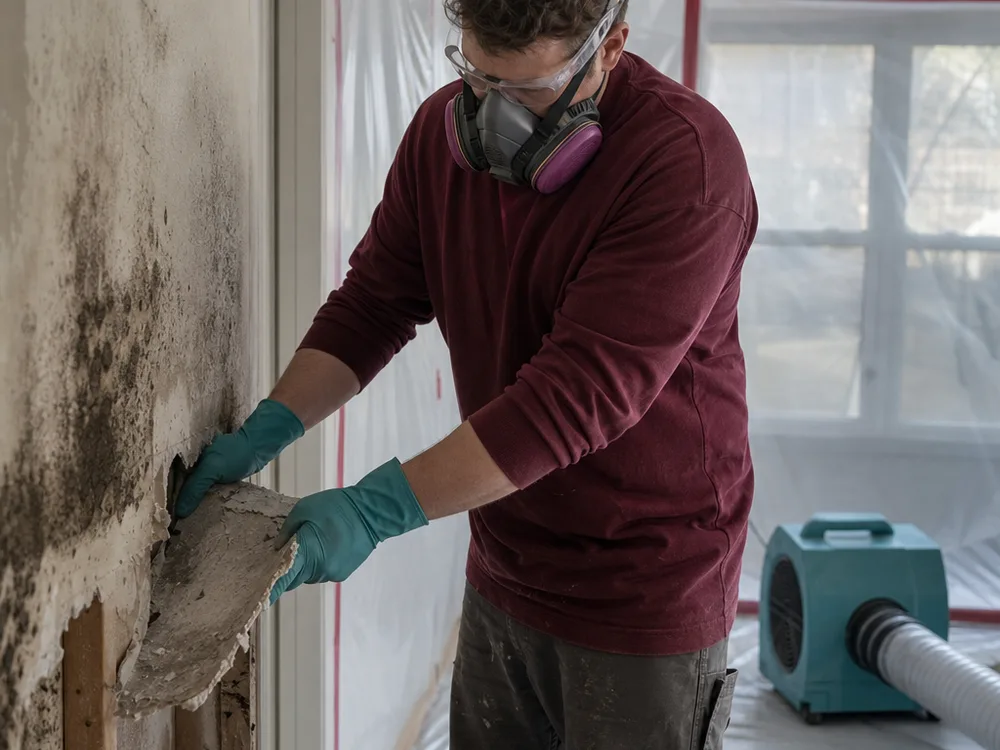 Contractor using a HEPA vacuum and wiping wood studs inside a plastic-contained work area