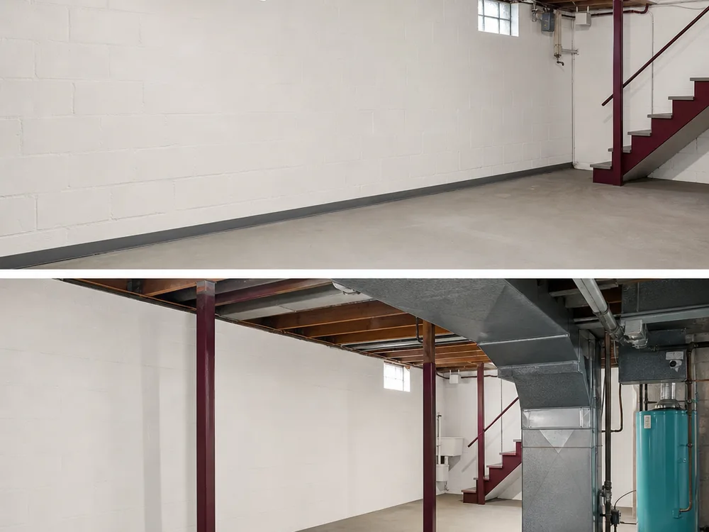 Cleaned basement framing and masonry after remediation with dry surfaces free of staining